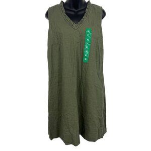 Briggs Women Shift Tunic Dress Linen XL Extra Large Green V-Neck Ruffle NWT New